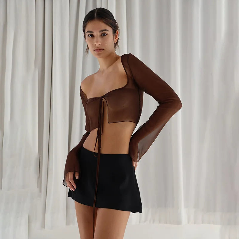 Long Sleeve Lace Up Bandage Crop Top