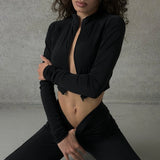 Casual Zip Up Black Crop Top with Basic Elastic Waist Flare Pants