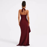 Elegant Halter V Neck Split Backless Party Maxi Dress - Burgundy / S