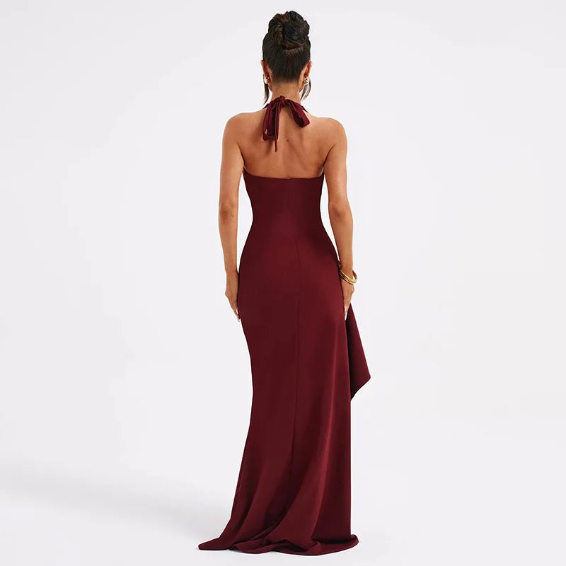 Elegant Halter V Neck Split Backless Party Maxi Dress - Burgundy / S