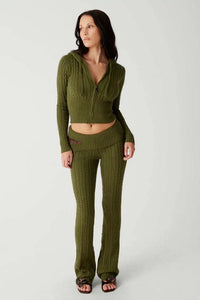 Long Sleeve Knitted Zipper Crop Hooded Sweater and Flare Pants Set