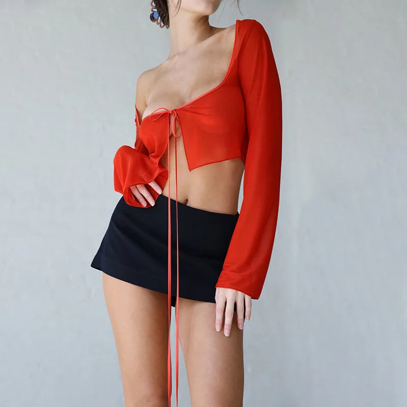 Long Sleeve Lace Up Bandage Crop Top