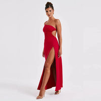 One Shoulder Ruched Backless Split Maxi Dress