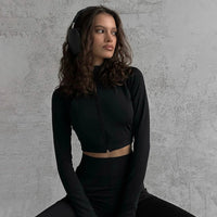 Casual Zip Up Black Crop Top with Basic Elastic Waist Flare Pants