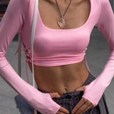 Pink Square Collar Long Sleeve Cut Out Crop Top - S