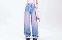 High Waist Baggy Denim Pink Pants