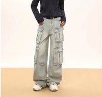 High Waist Light Blue Straight Cargo Pants