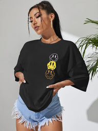 Unhappy Face Round Neck Short Sleeve T-Shirt - Black / S