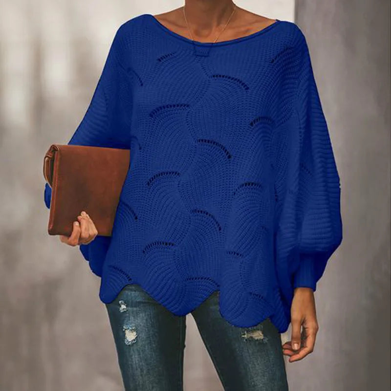 Loose Hollow Out O Neck Knit Top - Blue / S