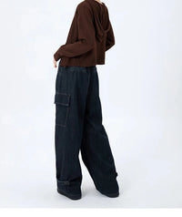 Blue Cargo Baggy Straight Wide Leg Jeans