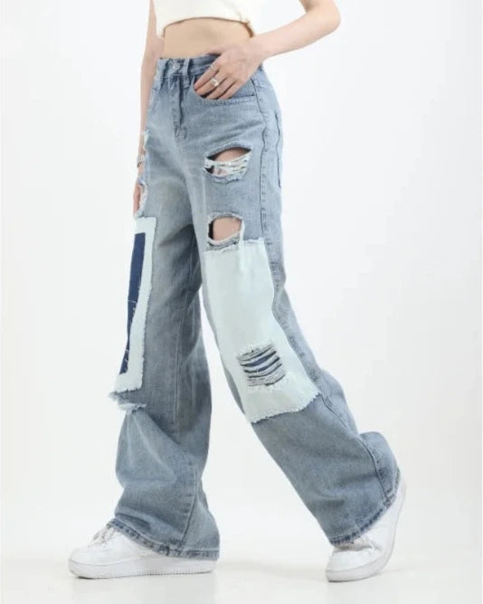 Ripped High Waist Patchwork Blue Straight Jeans