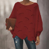 Loose Hollow Out O Neck Knit Top - Red / S