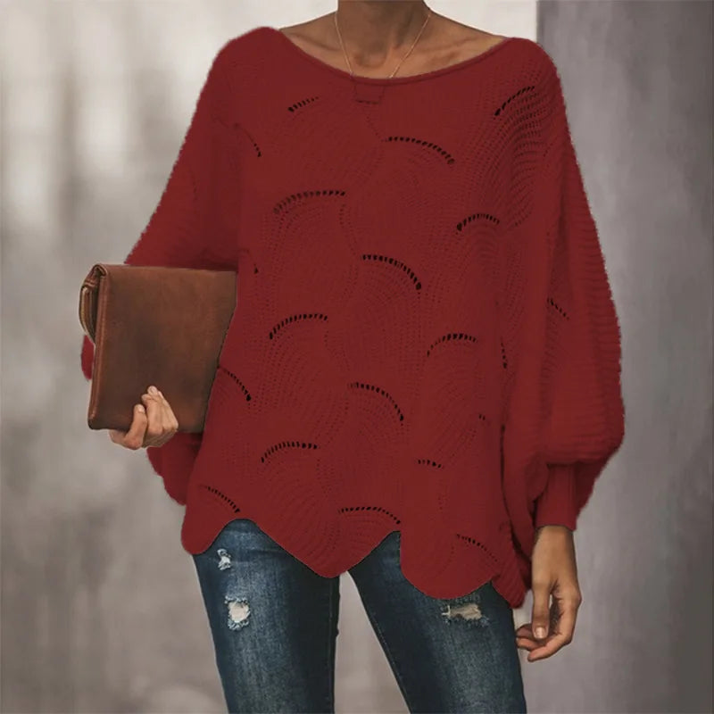 Loose Hollow Out O Neck Knit Top - Red / S