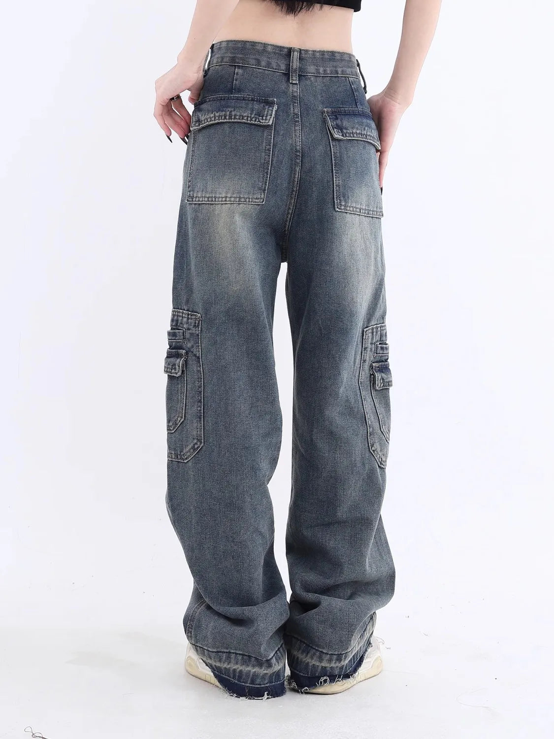 High Waist Straight Casual Baggy Blue Cargo Jeans