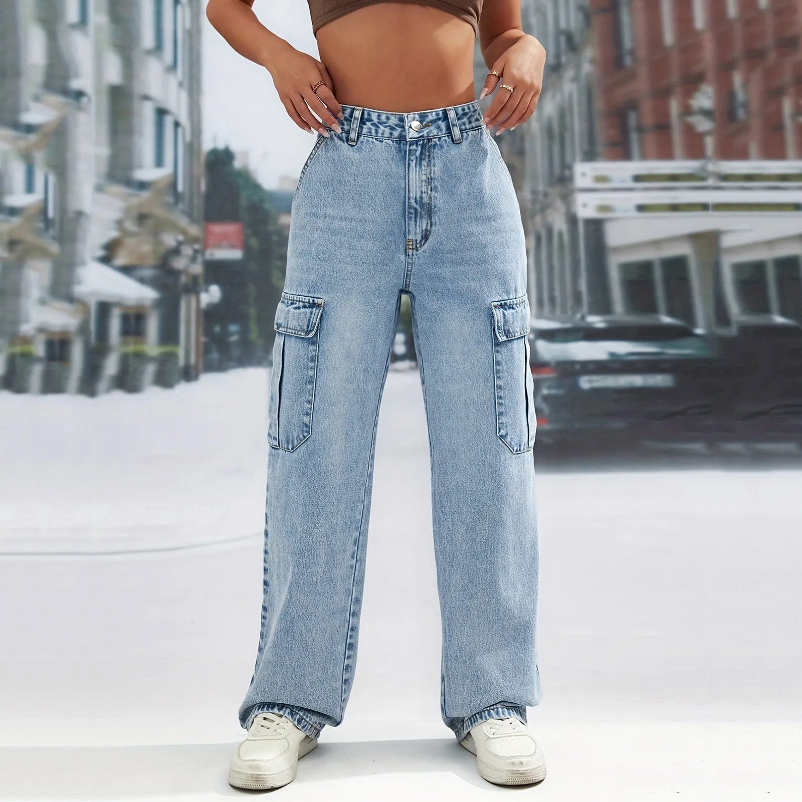 High Waist Blue Straight Denim Cargo Pants