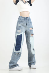 Ripped High Waist Patchwork Blue Straight Jeans