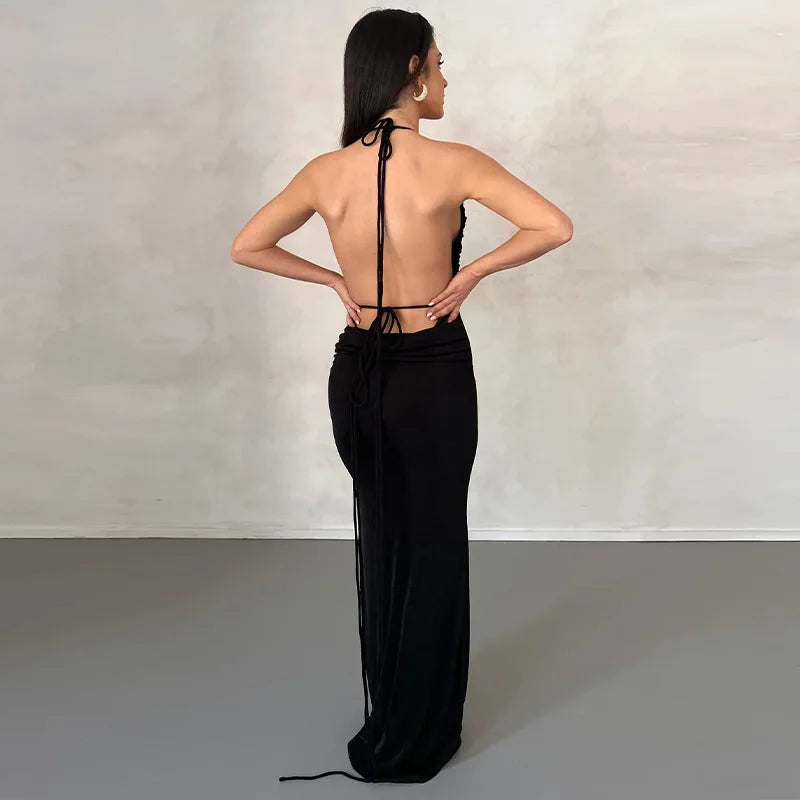 Backless Draped Knit Ruched Maxi Dress