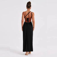 One Shoulder Ruched Backless Split Maxi Dress