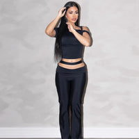 Hollow Out Backless Short Sleeve Crop Top & Pants Set