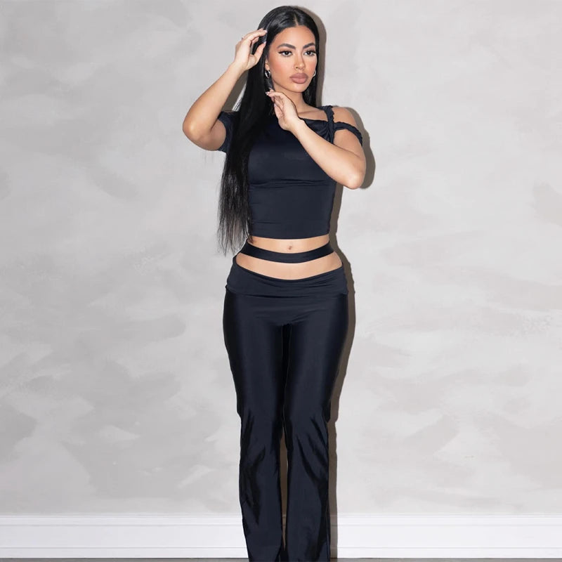 Hollow Out Backless Short Sleeve Crop Top & Pants Set