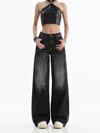 Wide Leg High Waist Baggy Black Denim Trouser