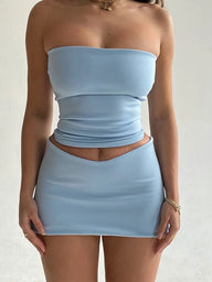 Sleeveless Tube Crop Top & Skirt Matching Set - Blue / S