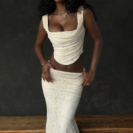 Floral Lace Corset Top and Bandage Ruched Maxi Skirt