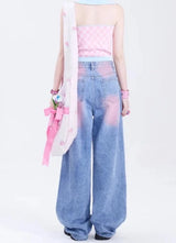 High Waist Baggy Denim Pink Pants