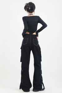 Black Big Pockets Straight Cargo Jeans