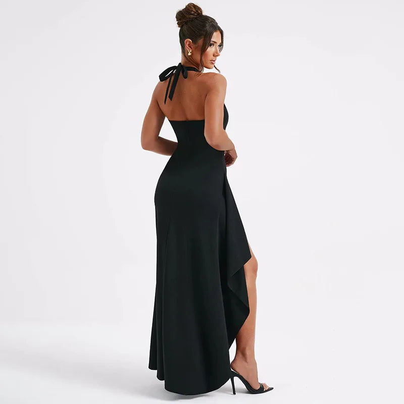 Elegant Halter V Neck Split Backless Party Maxi Dress