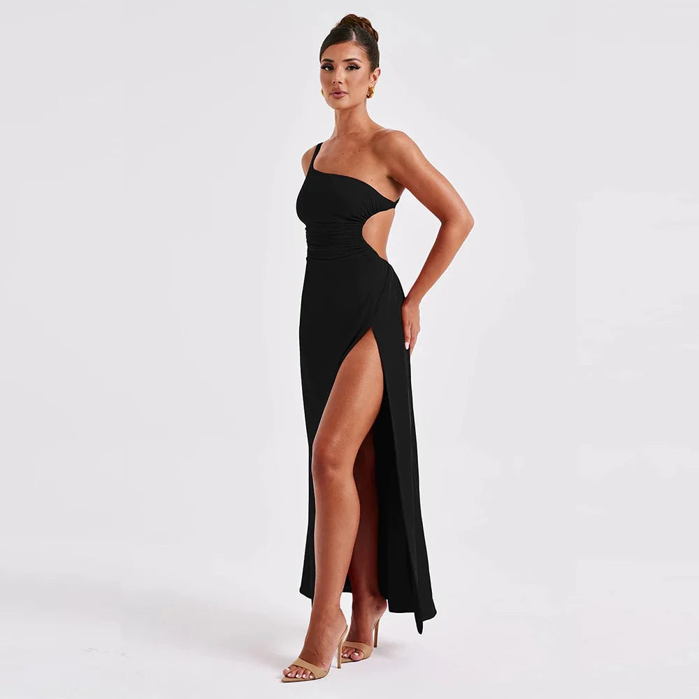 One Shoulder Ruched Backless Split Maxi Dress