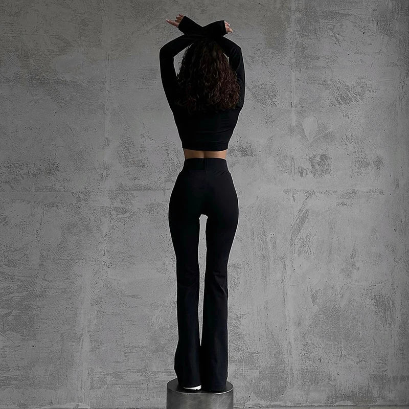 Casual Zip Up Black Crop Top with Basic Elastic Waist Flare Pants