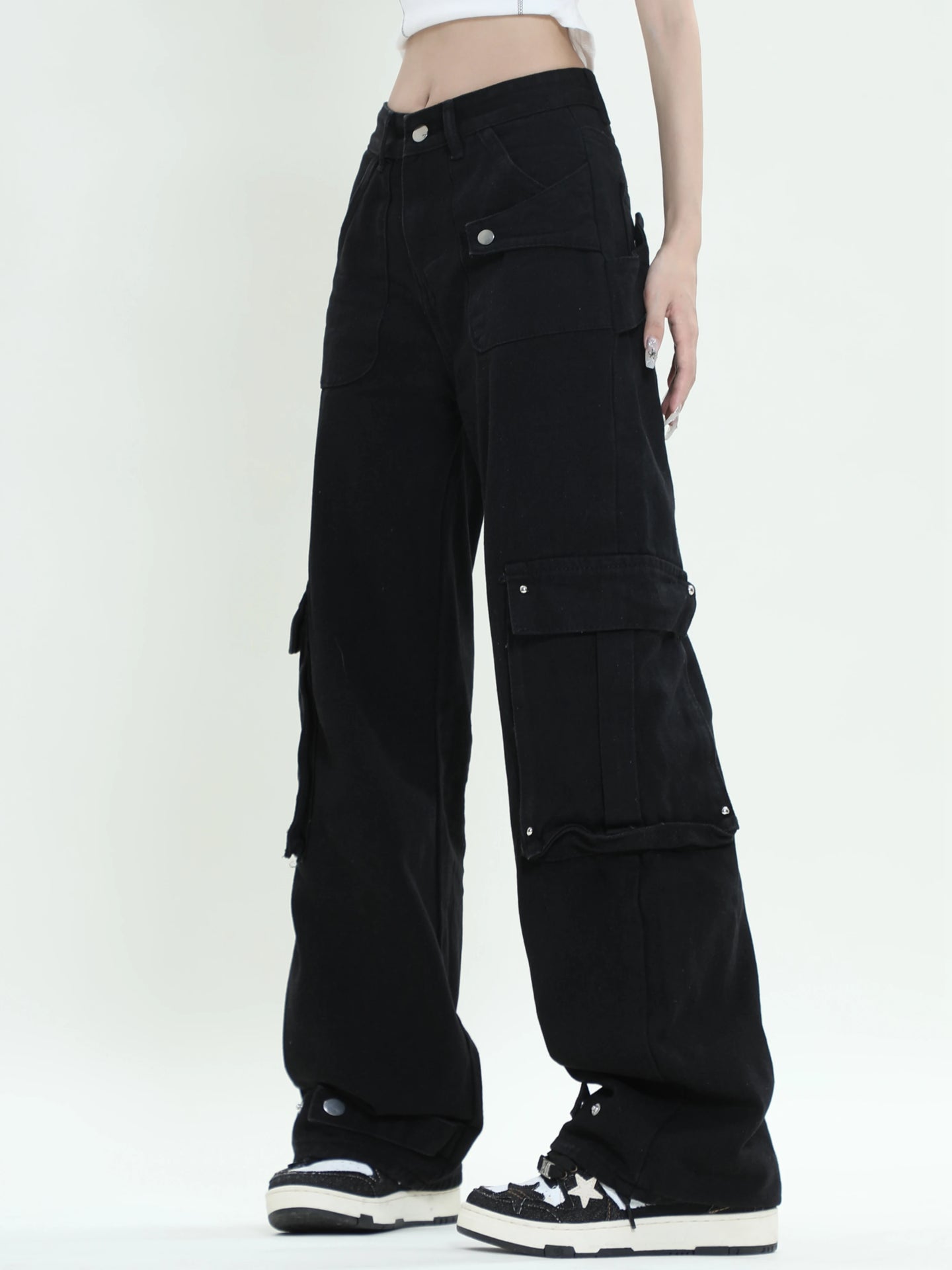 Black Straight High Waist Cargo Pants