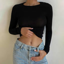 Backless Hollow Out Long Sleeve Top - Black / S