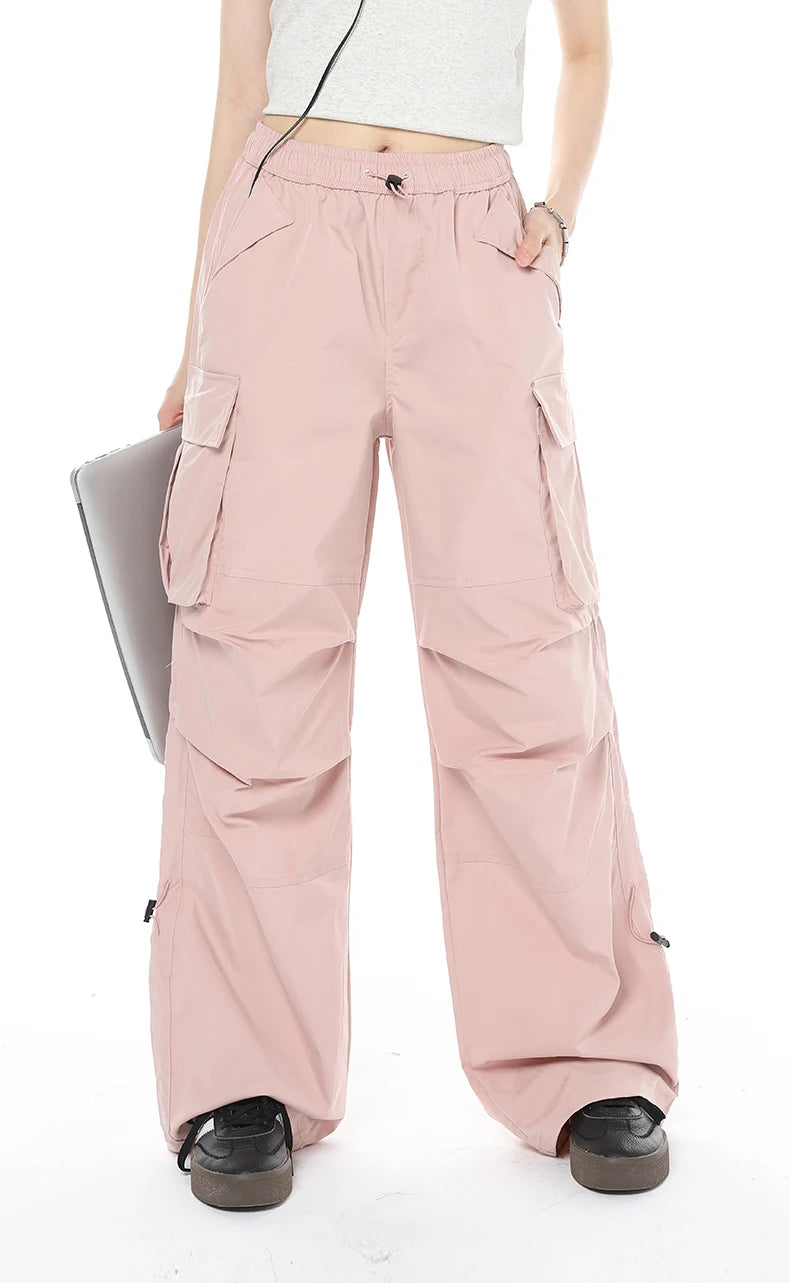 Casual Wide Leg Baggy Pockets Cargo Pants - Pink / S