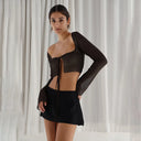 Long Sleeve Lace Up Bandage Crop Top - Black / S