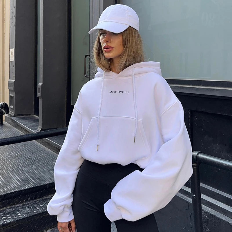 ’Moody Girl’ Letter Printed Loose Pullover Hoodie - White / S