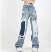 Ripped High Waist Patchwork Blue Straight Jeans