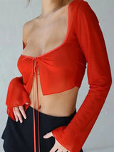 Long Sleeve Lace Up Bandage Crop Top - Orange red / S