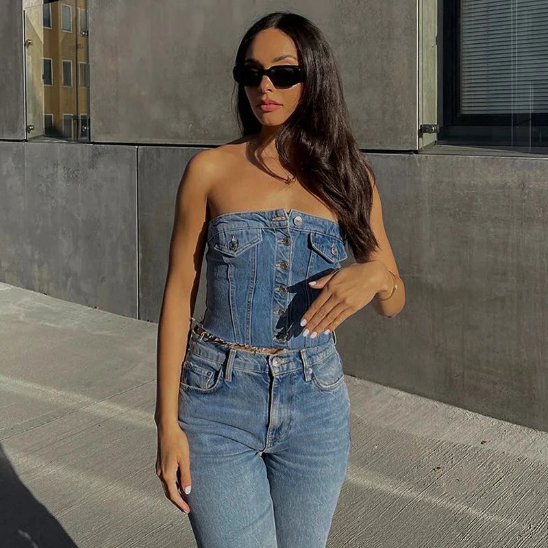 Off Shoulder Denim Crop Top