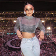 O Neck Long Sleeve See Through Sheer Crop Top - S