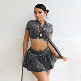 Short Sleeve Crop Top & Distressed Pleated Mini Skirt Set