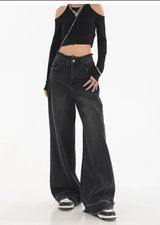 High Waist Wide Leg Straight Denim Jeans