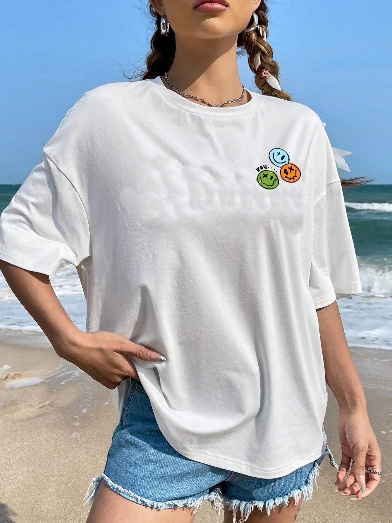 ’Smile Everyday’ Printed Short Sleeve Oversized T-Shirt