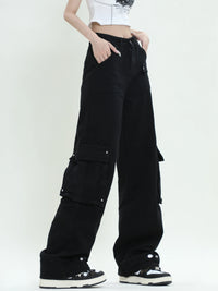 Black Straight High Waist Cargo Pants