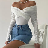 White Shirring Slash Neck Bodysuit