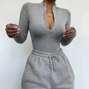 Long Sleeve Zipper Bodycon Bodysuit - Gray / S