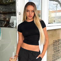 Short Sleeve Solid Crop Top T-Shirt - Black / XS