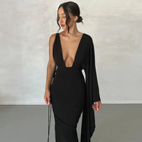 One Shoulder Ruched Backless Draped Maxi Dress