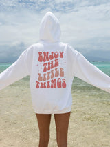 ’Enjoy The Little Things’ Printed Oversized Hoodie - White & Pink / XL